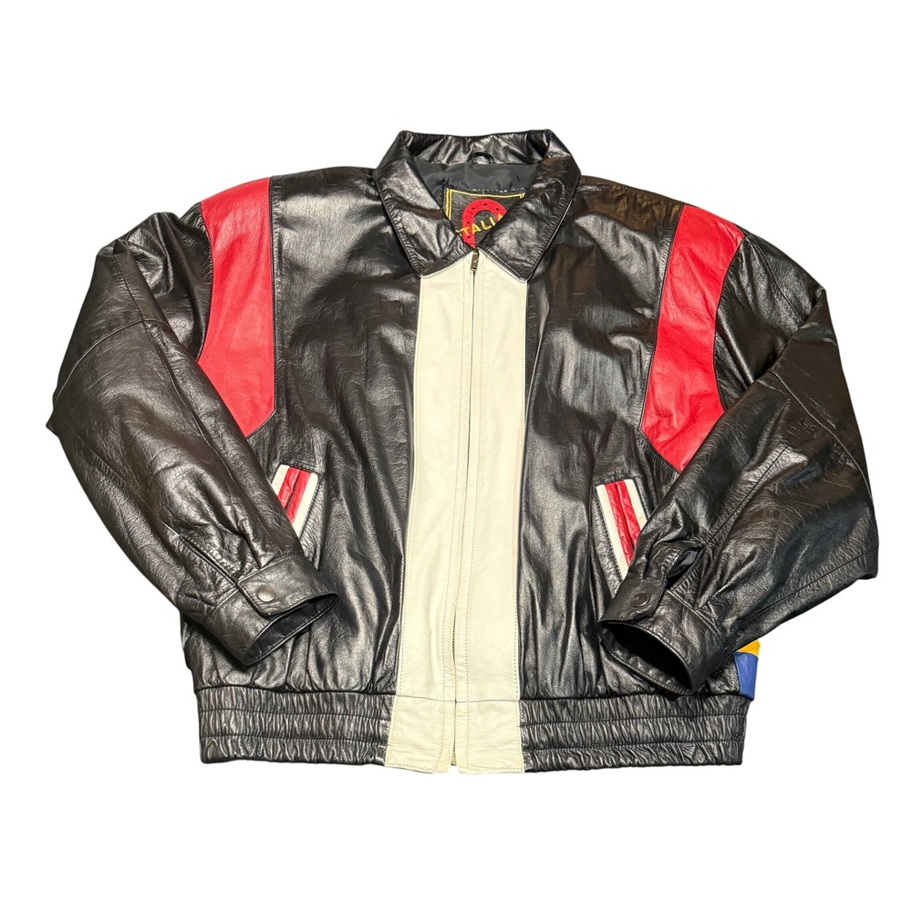 Stalian by Suzie Flag Bomber Jacket Mens L Black Red Leather Vintage